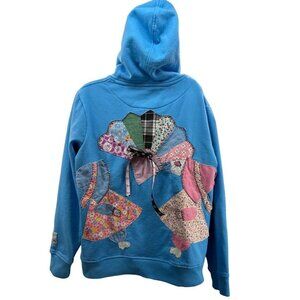 The Scrappy Camper Womens Hoodie Sweatshirt Sz XL Blue Upcycled Quilted Cottage